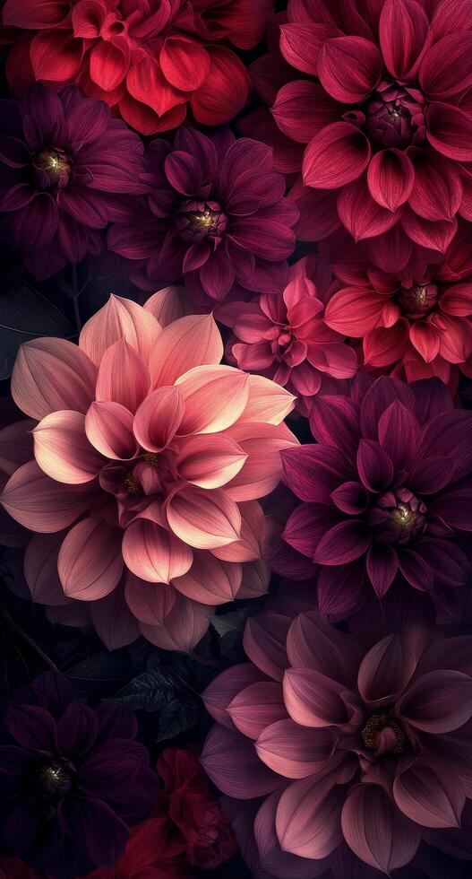Three vibrant dahlias blooming in deep red and purple against a dark background photo
