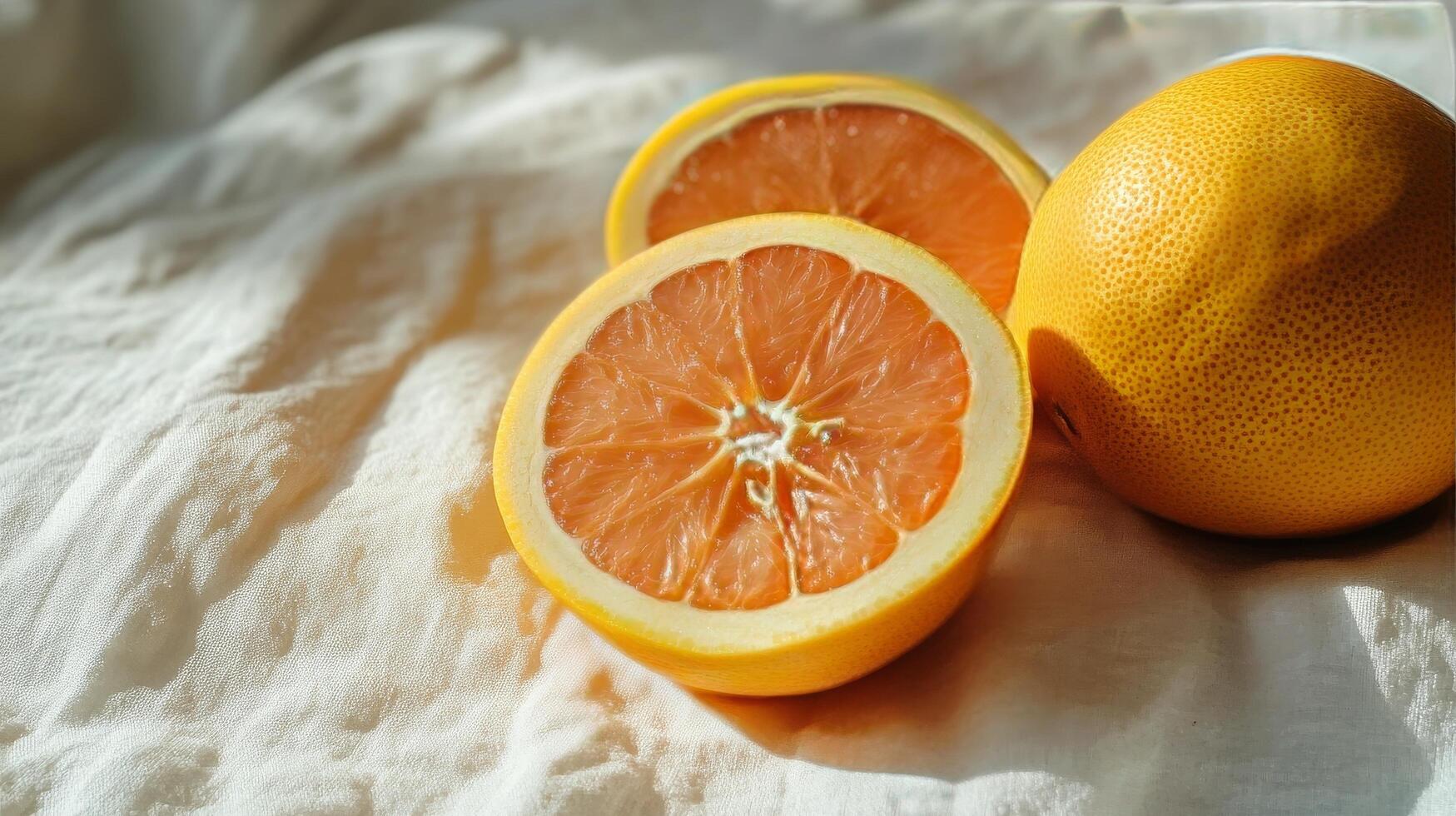 Freshly cut yellow grapefruit halves resting on a natural fabric background in warm sunlight photo