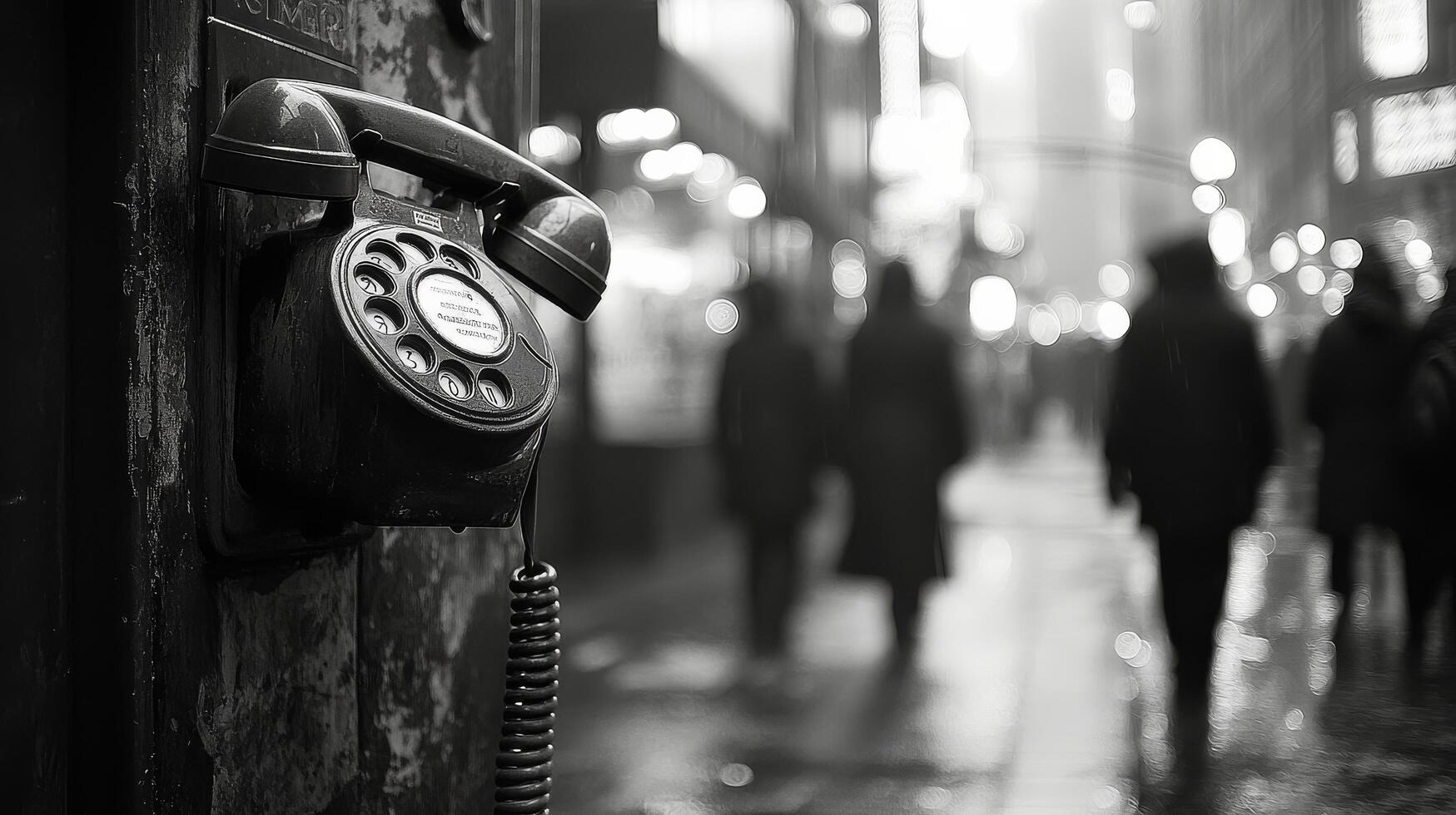 A vintage payphone stands in a bustling city street during a rainy evening photo