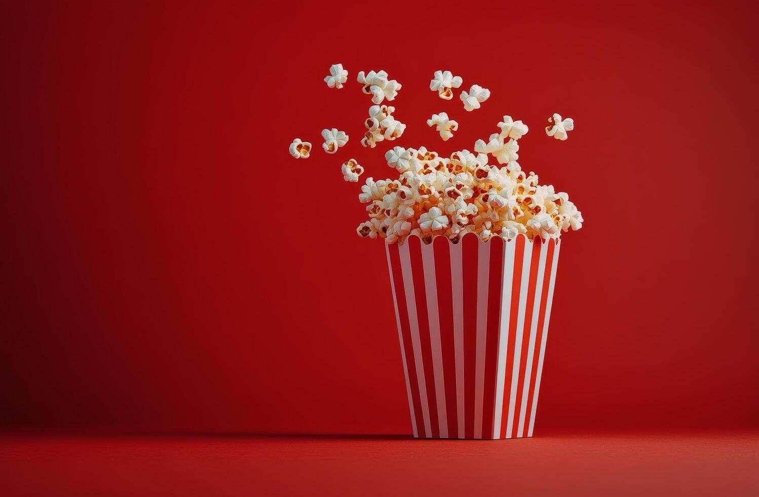 Delicious popcorn bursting from a striped red container against a bright red background photo