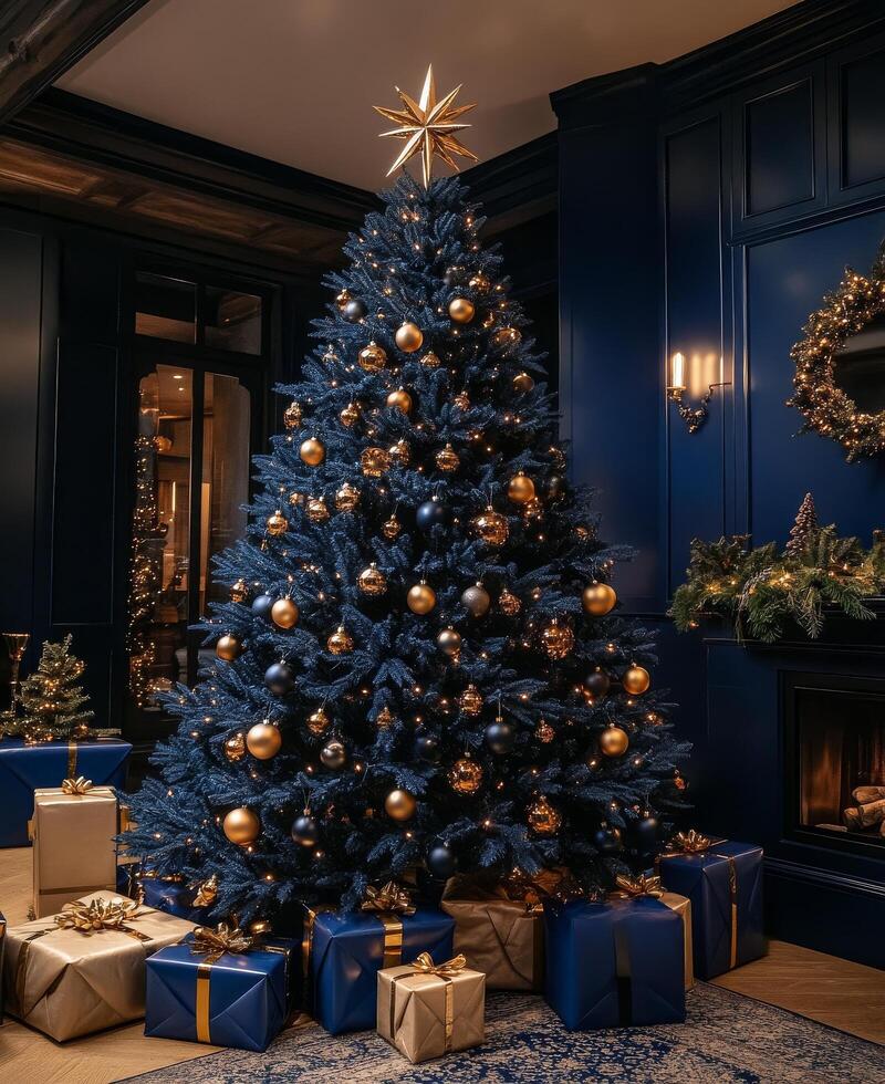 Elegant Christmas tree adorned with golden ornaments and presents in a cozy festive living room photo