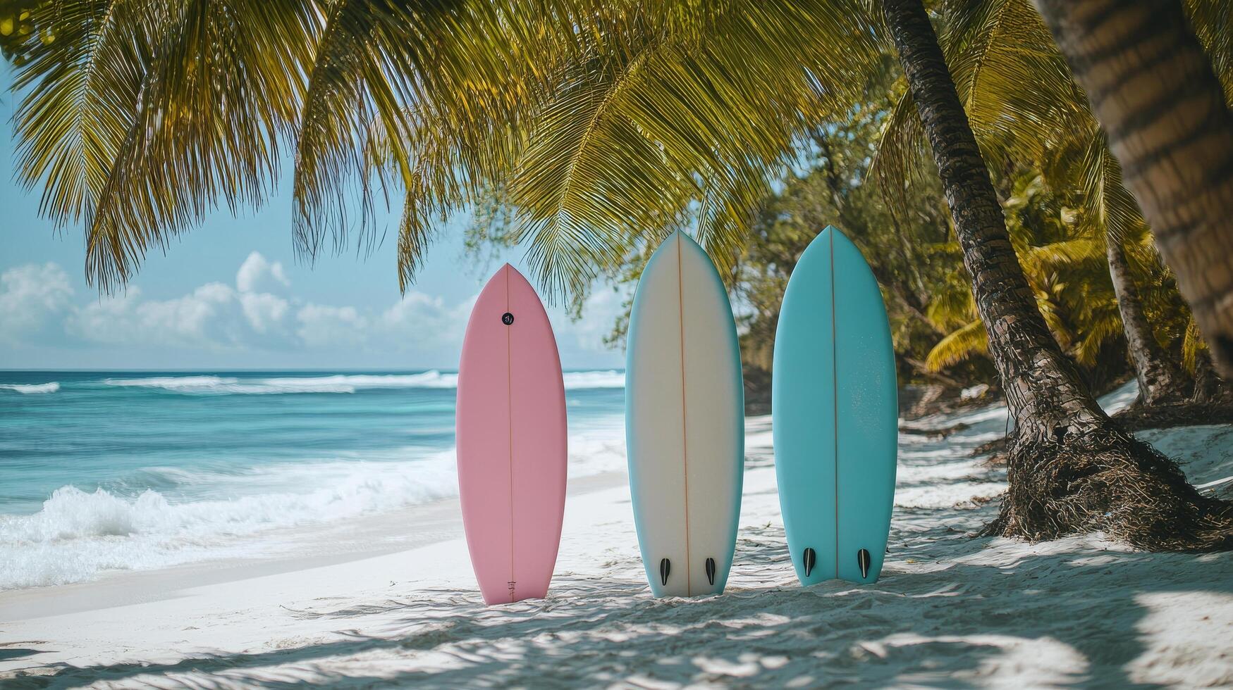 Colorful surfboards lined up on a sunny beach with palm trees and ocean waves in the background photo