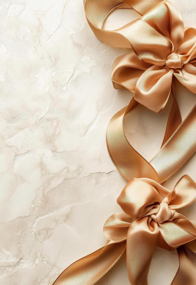 Elegant golden satin ribbons elegantly arranged on a textured surface for decorative purposes photo