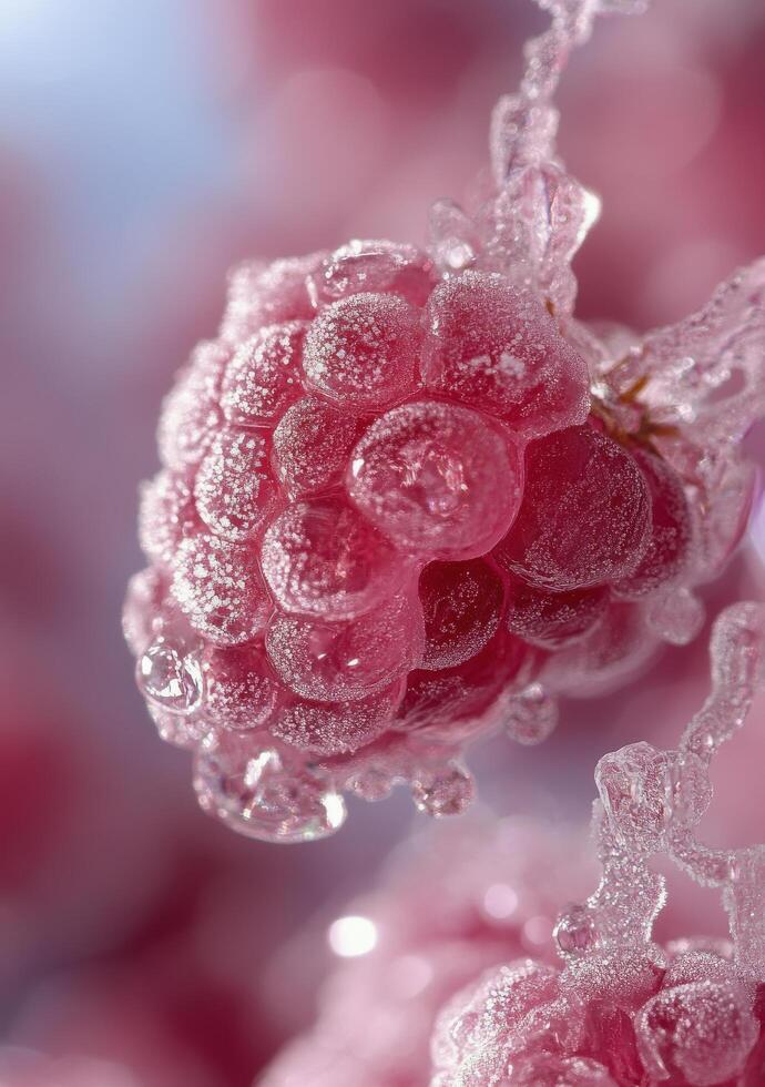 Frozen raspberries glistening with frost on a soft, blurred pastel background during winter photo