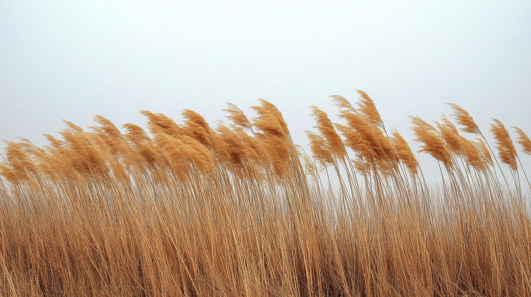 Tall golden grasses sway gently in the misty air of an early morning landscape photo