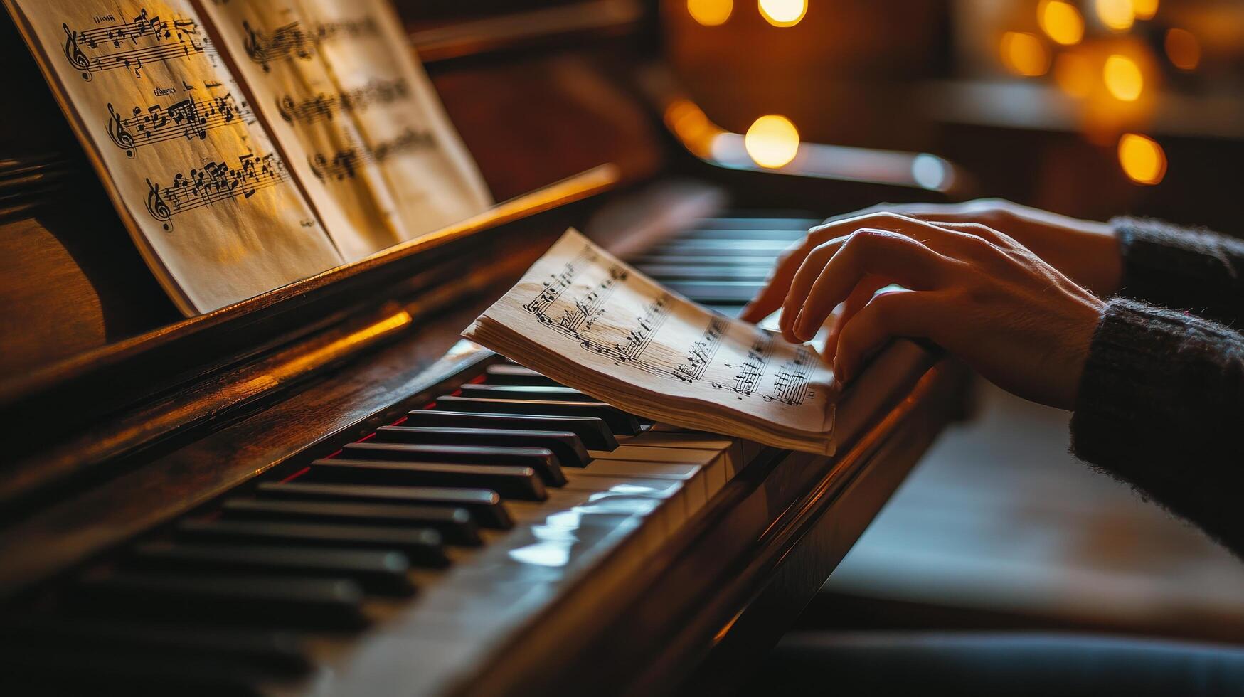 A musician practices on a vintage piano with sheet music in a cozy indoor setting photo