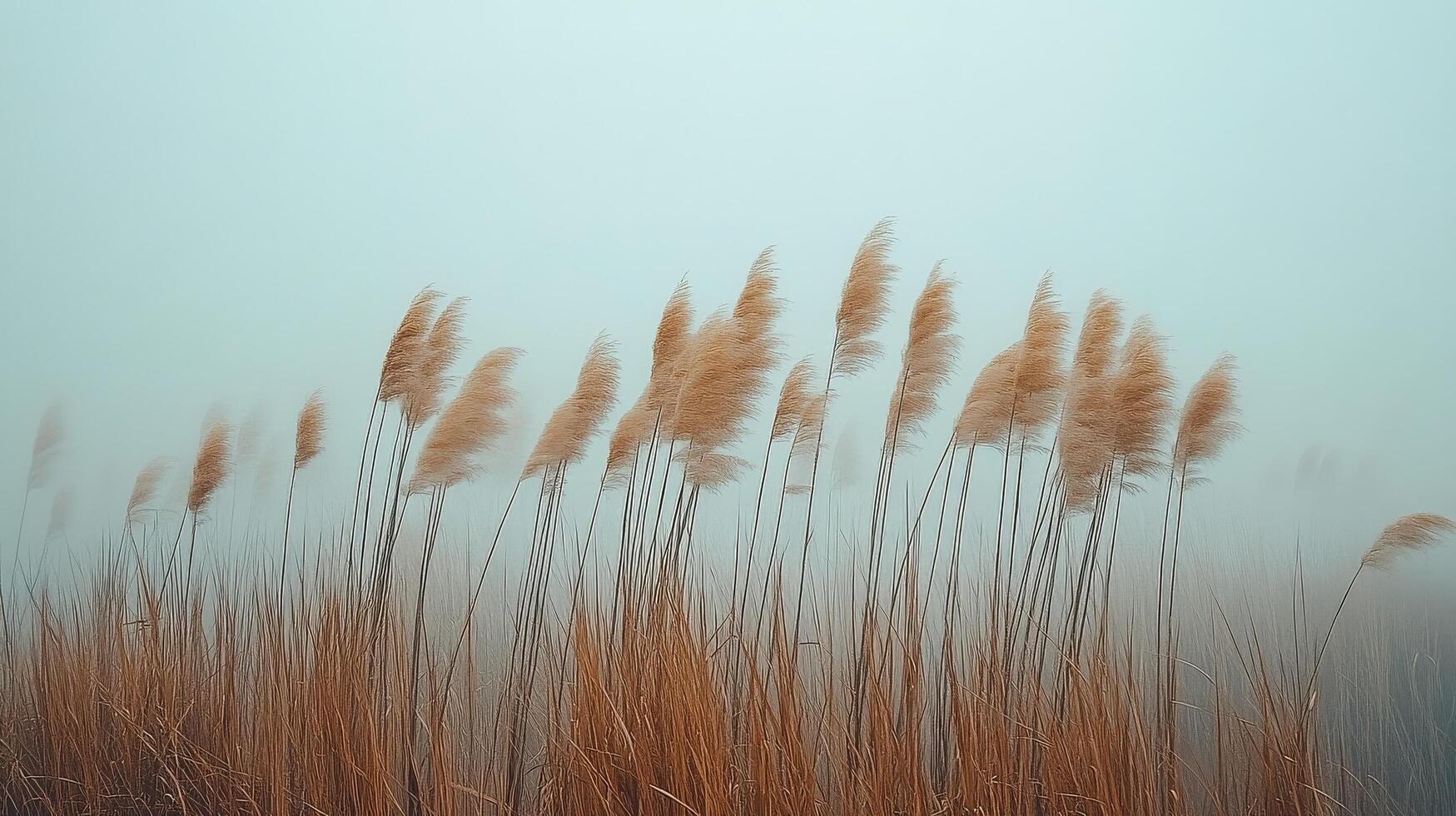Tall golden grasses sway gently in the misty air of an early morning landscape photo