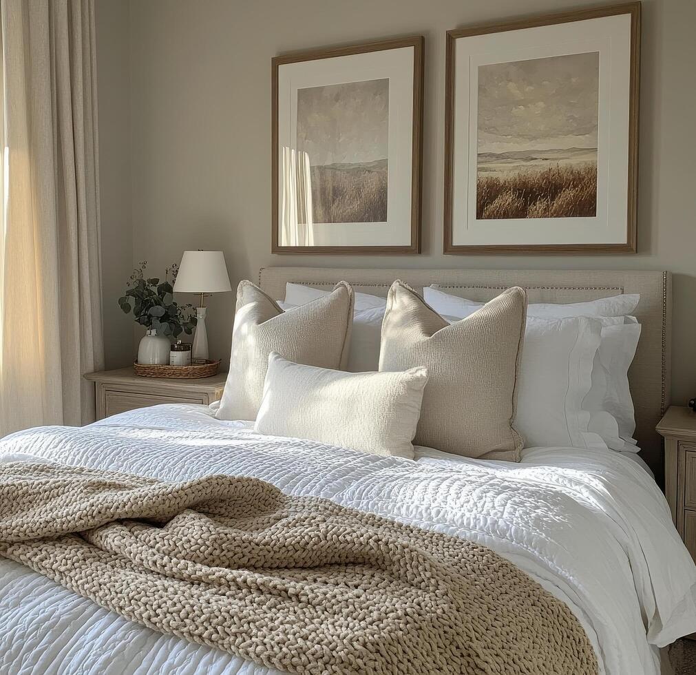 Cozy bedroom featuring soft bedding and peaceful artwork in a serene, neutral toned setting photo