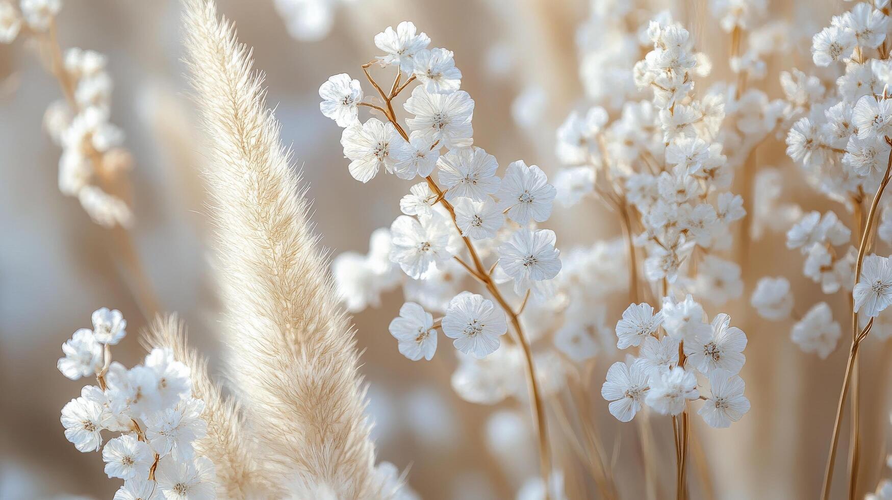 Soft white flowers blooming in a serene field during the golden hour of late afternoon photo