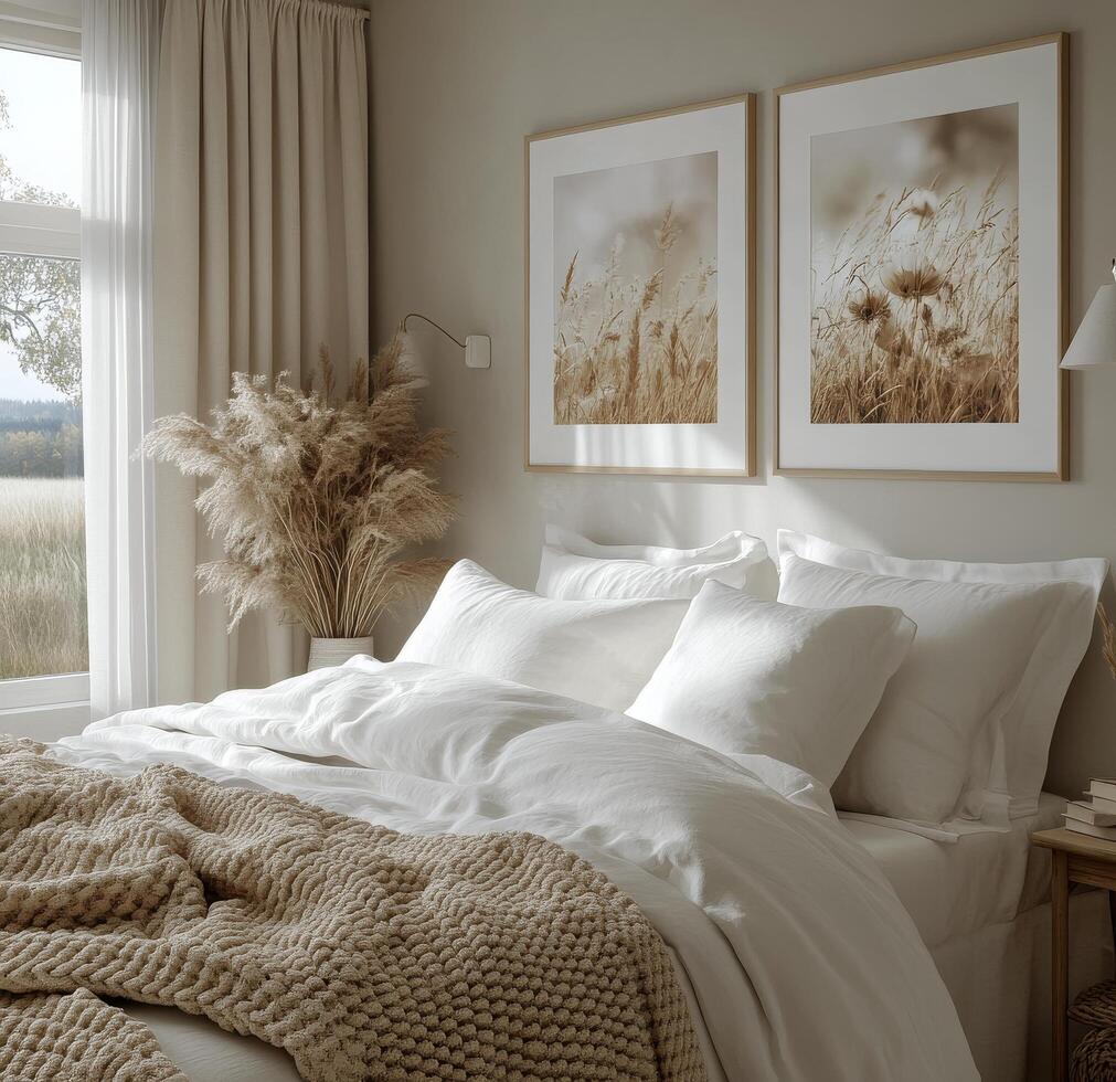 Cozy bedroom featuring soft bedding and peaceful artwork in a serene, neutral toned setting photo