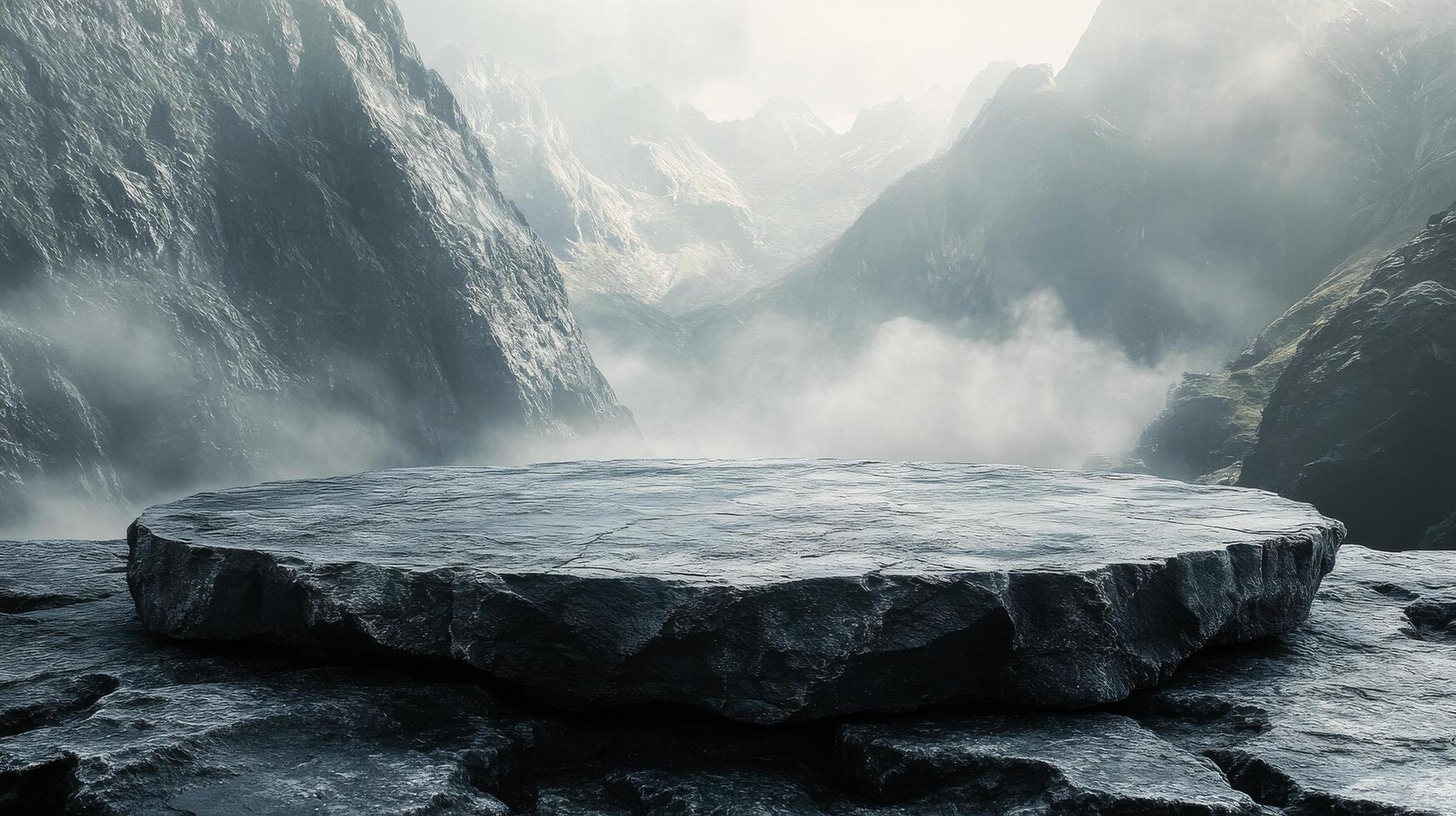 Misty mountain range with a large rock platform amidst dramatic clouds at dawn photo