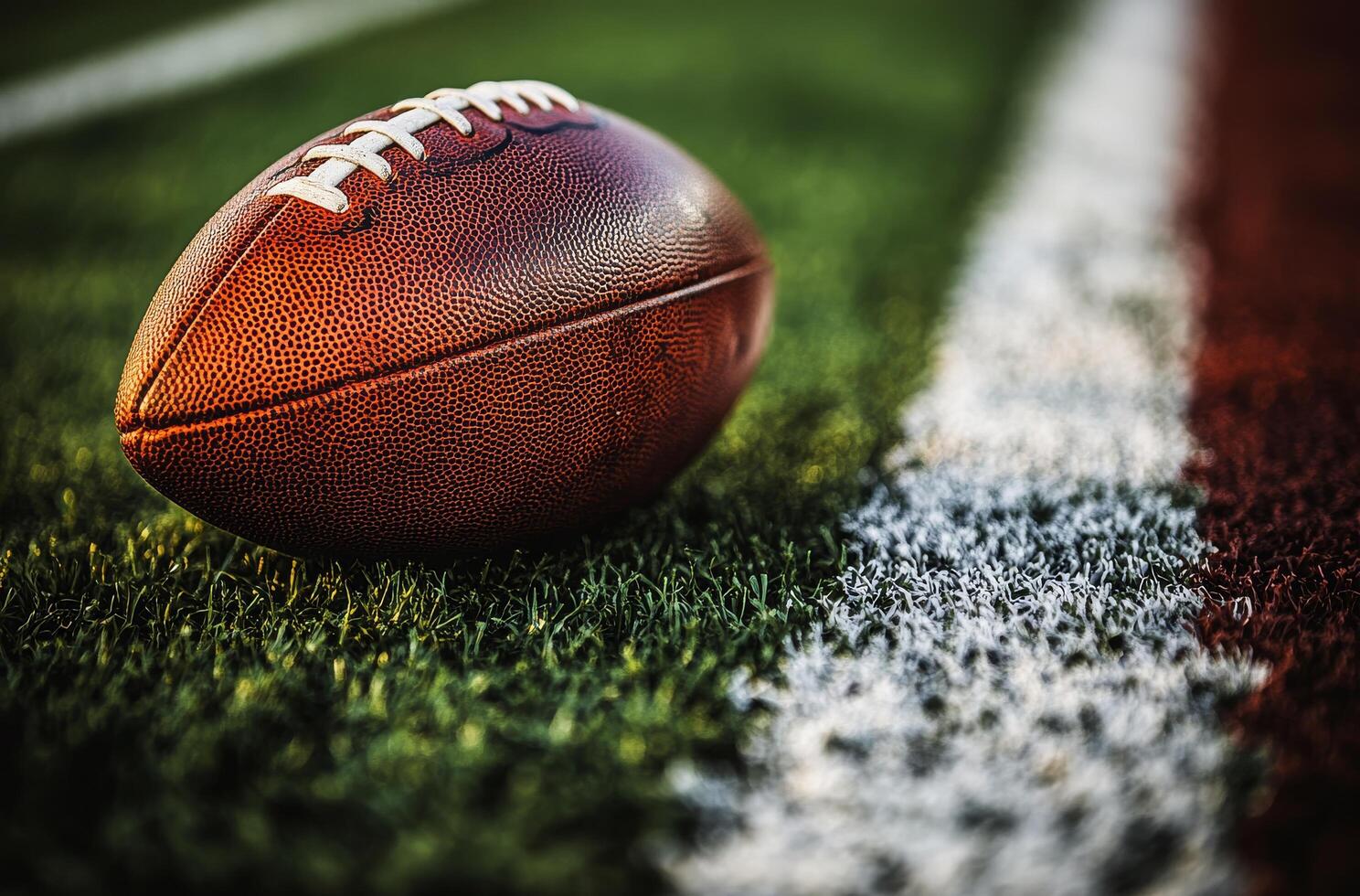 A close up view of a football resting on the field during a golden hour practice session photo