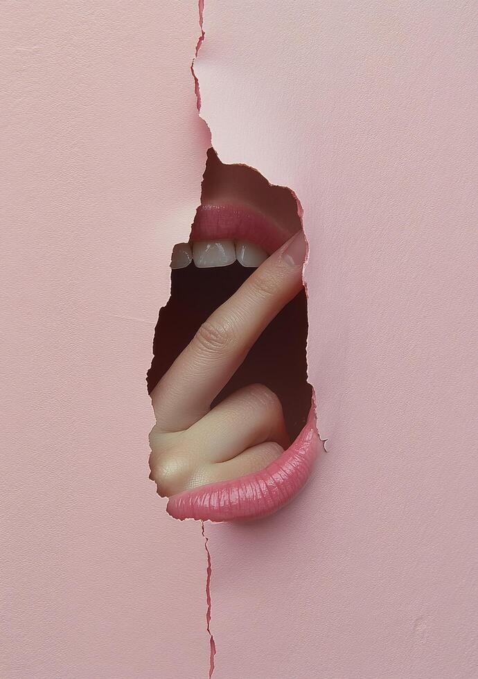A close up view of a mouth breaking through pink paper with glossy lips and white teeth photo