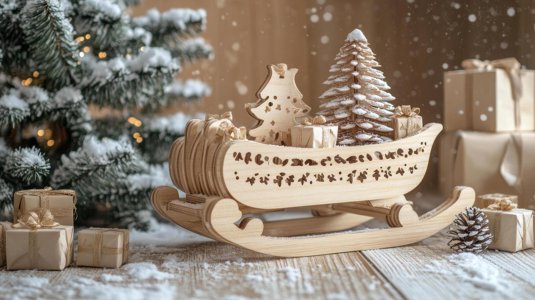 A wooden sleigh filled with holiday treats beside a decorated Christmas tree and gifts photo