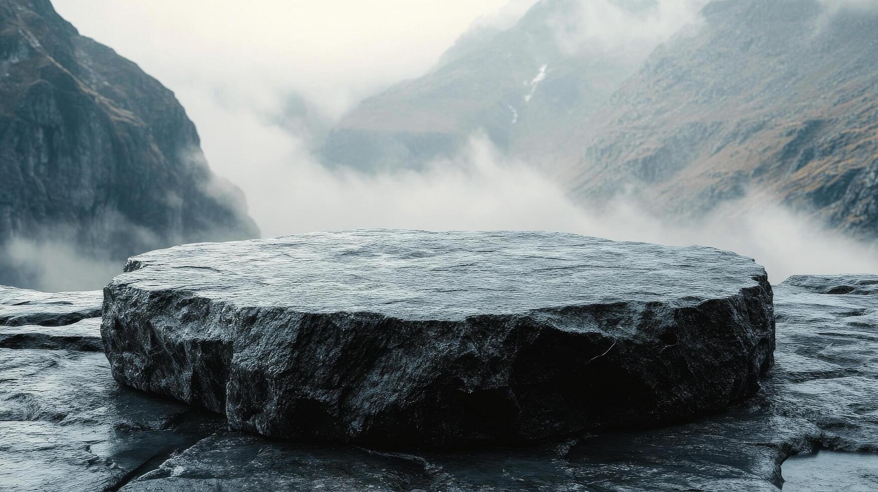 Misty mountain range with a large rock platform amidst dramatic clouds at dawn photo
