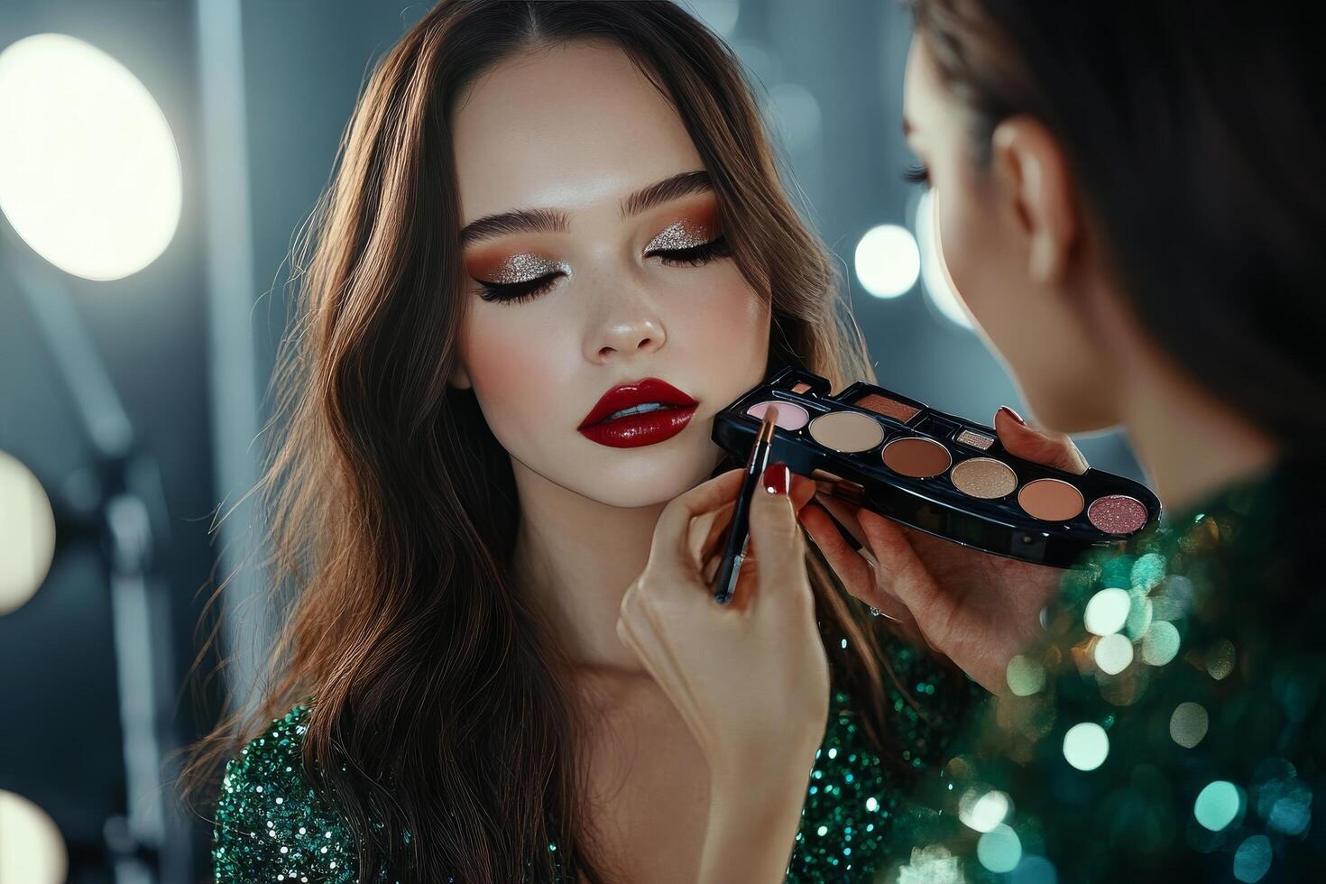 A model receives glamorous makeup application backstage during a fashion show in the evening photo