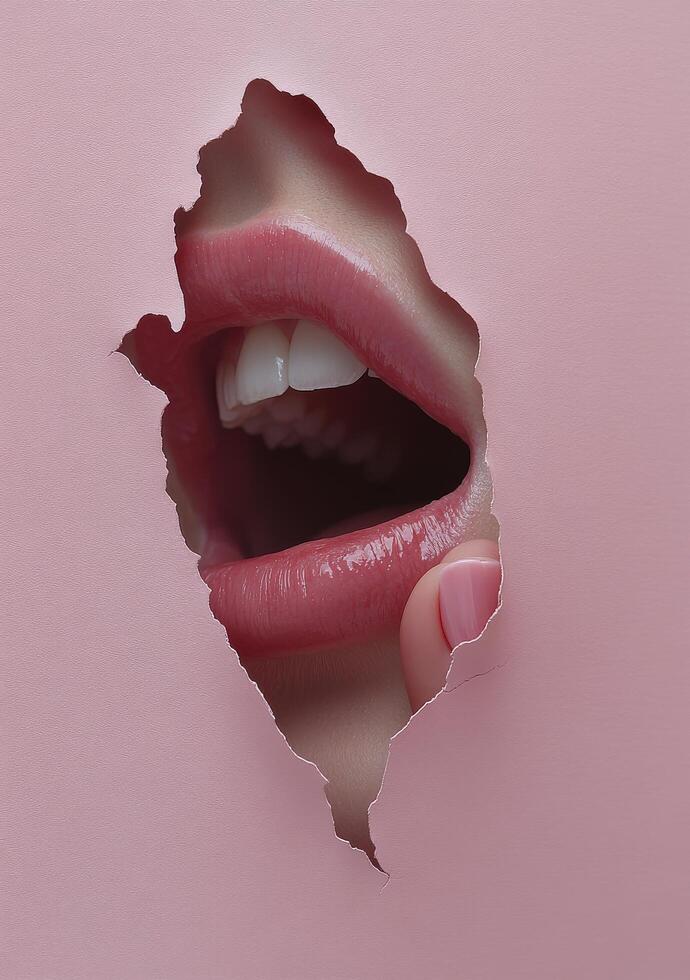 A close up view of a mouth breaking through pink paper with glossy lips and white teeth photo