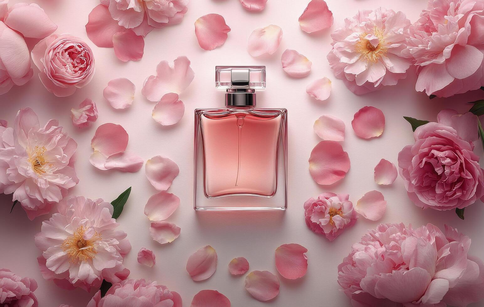 Elegant pink perfume bottle surrounded by fresh roses and petals on a white surface at daytime photo