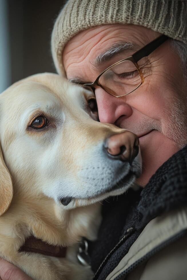 A man gently embraces his loyal Labrador in a moment of tenderness during a chilly afternoon photo