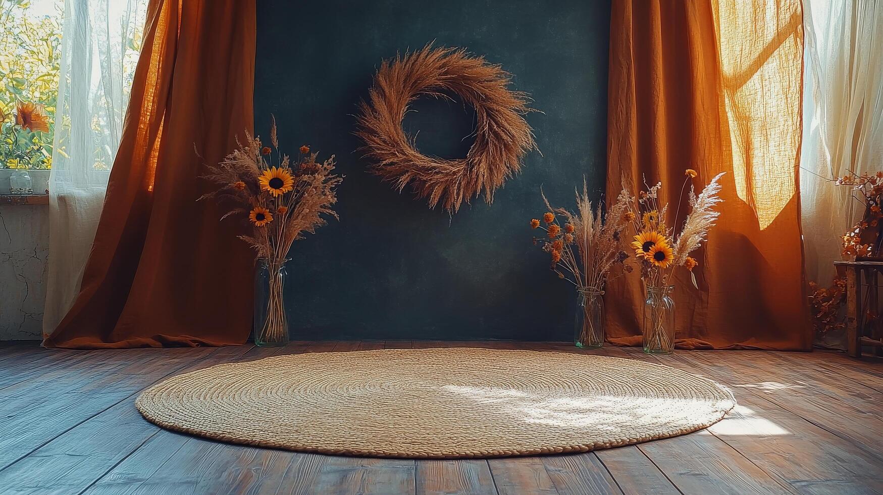Cozy autumn decor with sunflowers and dried grass arranged in a warm, inviting setting photo