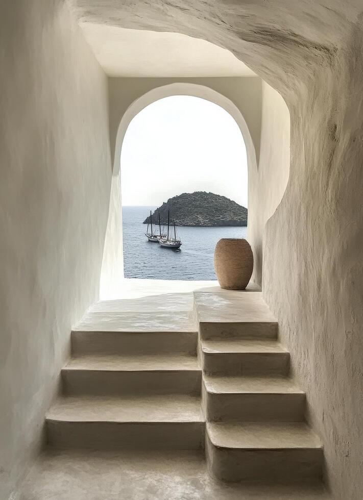 A beautiful coastal view through an archway on a sunny day with boats in the distance photo