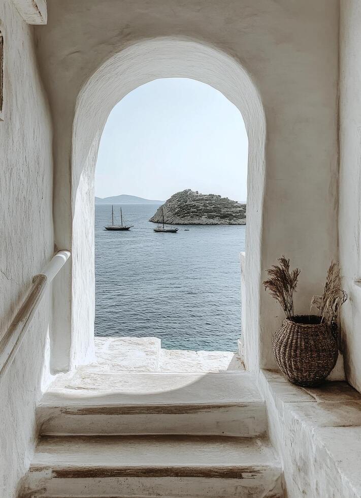 A beautiful coastal view through an archway on a sunny day with boats in the distance photo