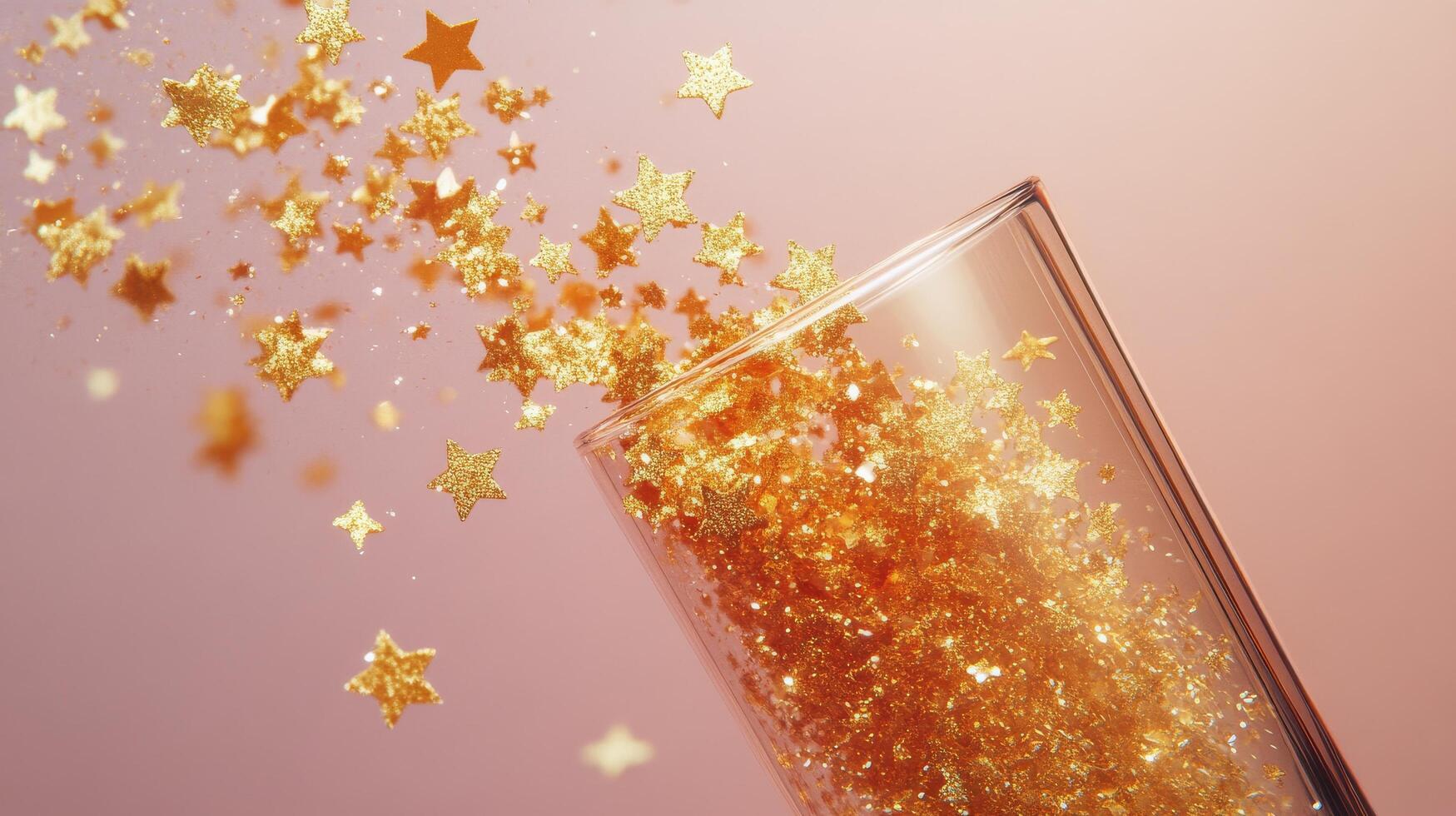 Golden star confetti spills from a glass onto a soft pink surface in a creative display photo