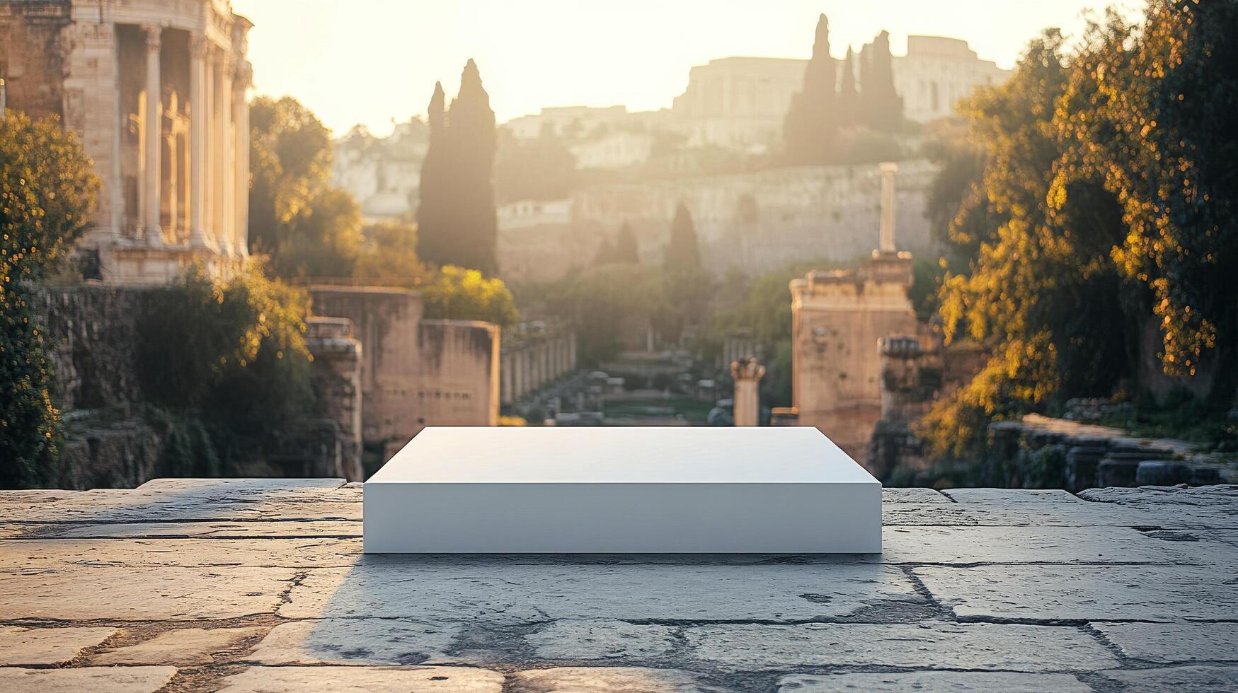 Modern minimalist platform in ancient Roman Forum during sunset with historical architecture photo