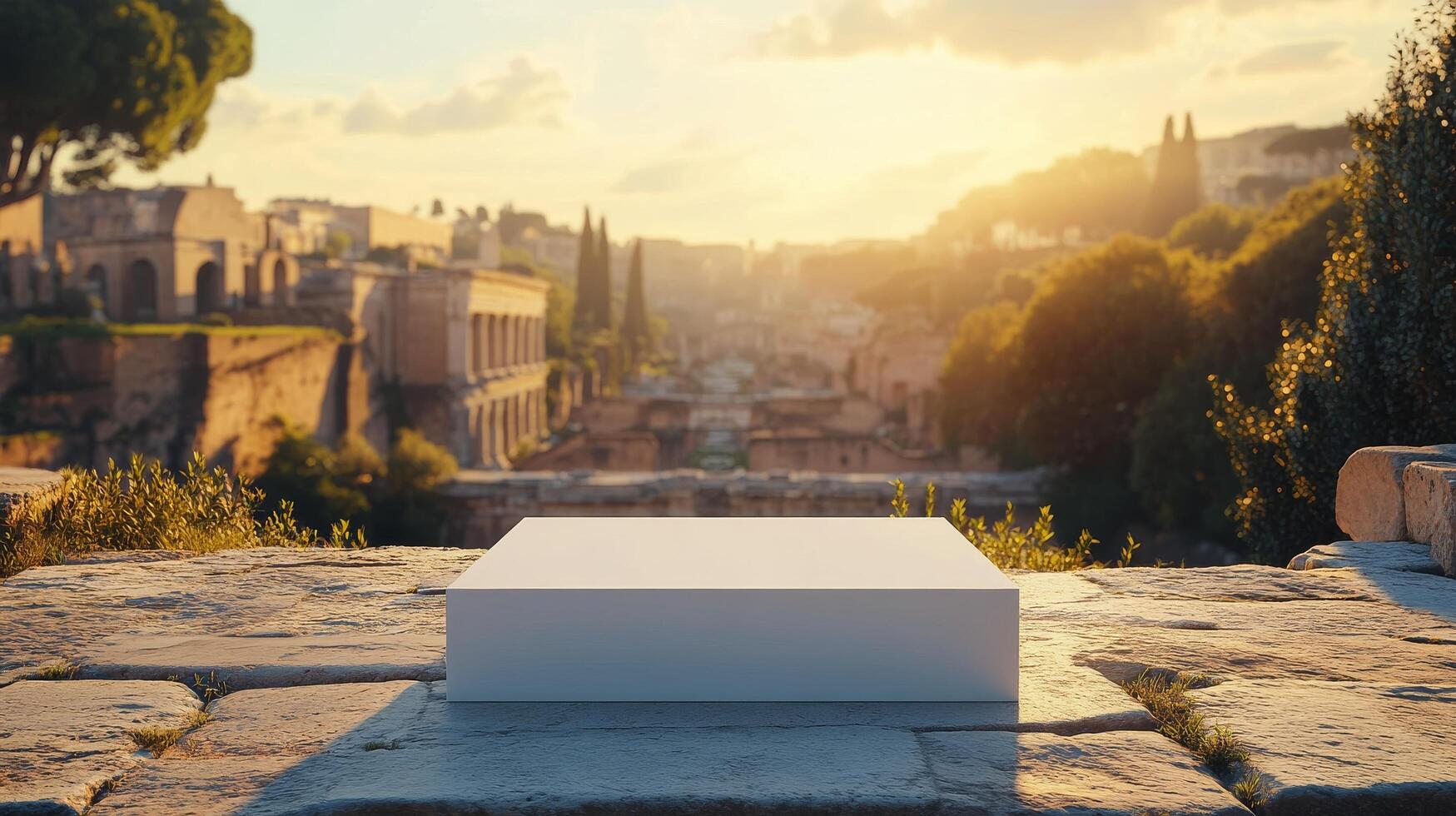Modern minimalist platform in ancient Roman Forum during sunset with historical architecture photo
