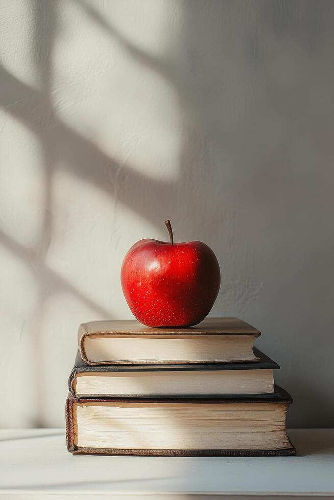 A vibrant red apple resting atop three stacked books on a sunny surface with shadows photo