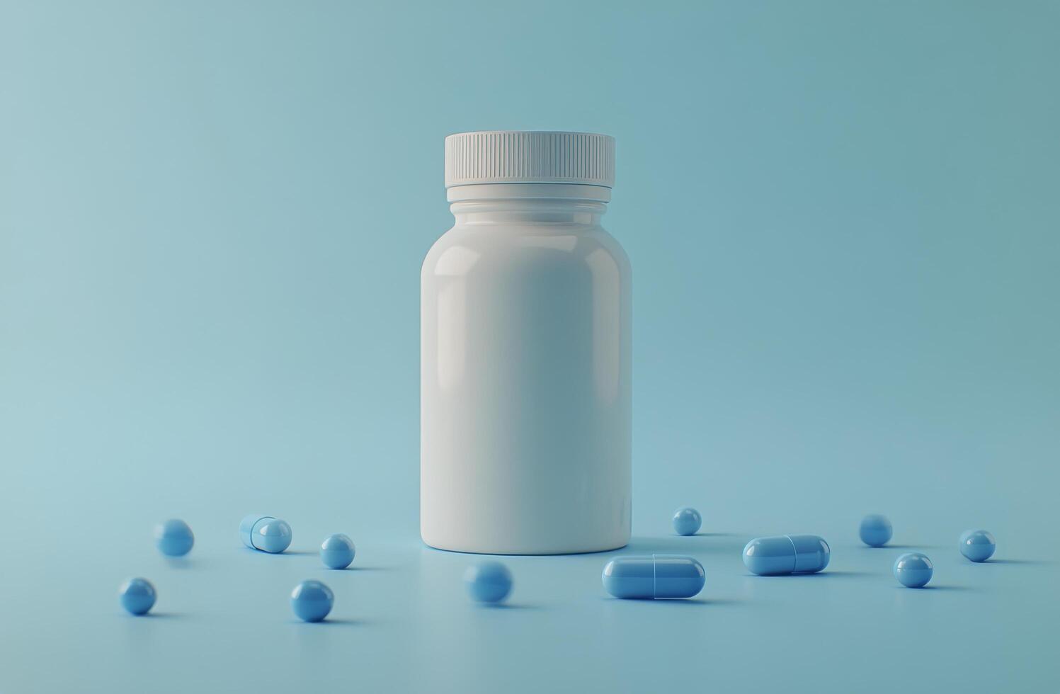 Blue capsules scattered around a white bottle on a light blue background in a well lit setting photo