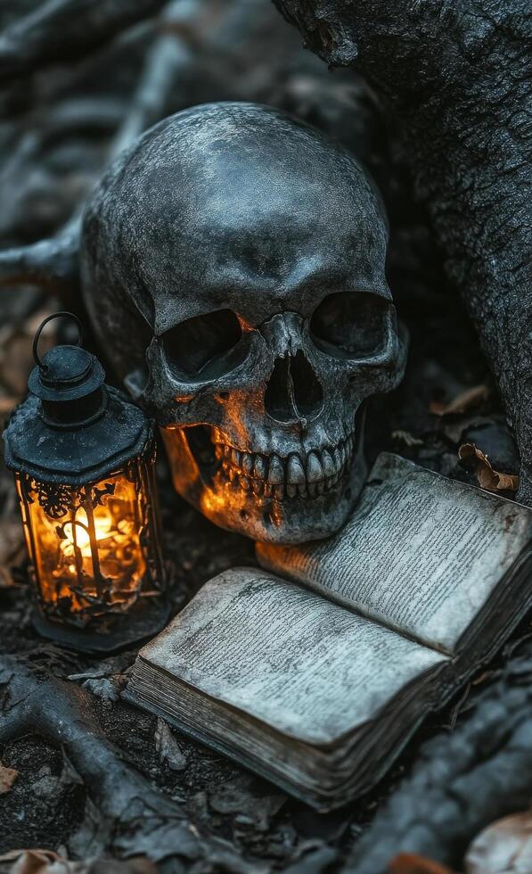 Skull and old book with lantern in a dark, atmospheric setting surrounded by dried leaves photo
