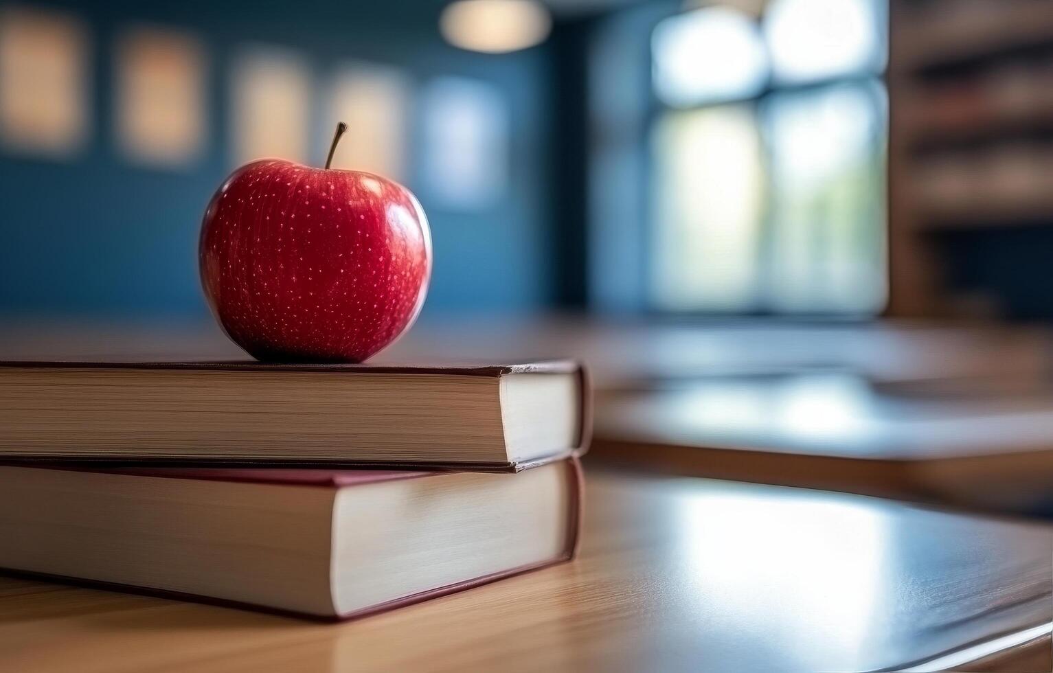 A red apple resting on a closed book in a modern library setting during daytime photo