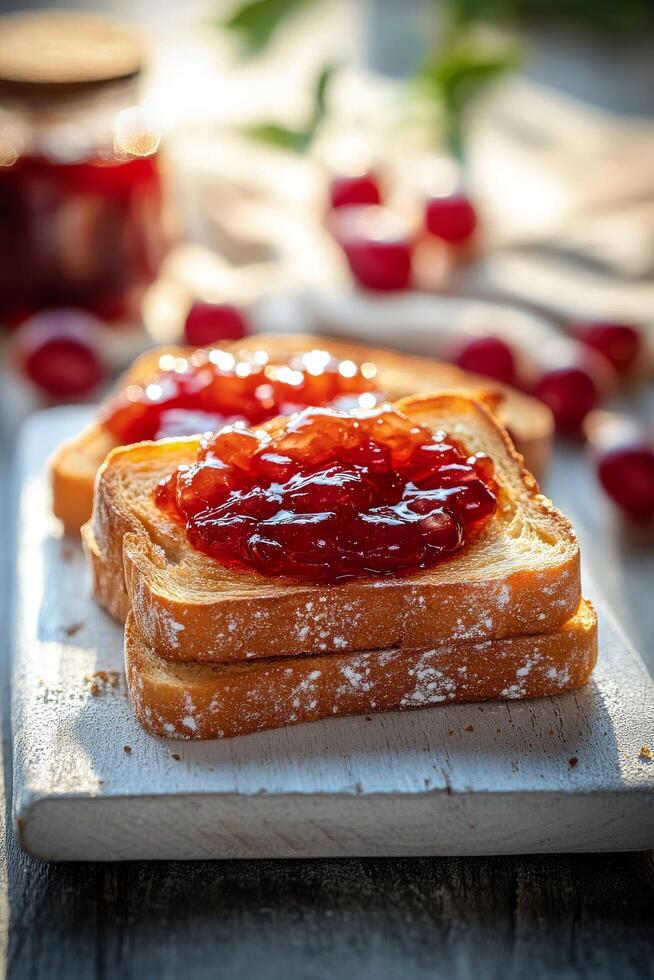 Deliciously toasted bread topped with sweet jam and garnished with mint on a rustic table photo