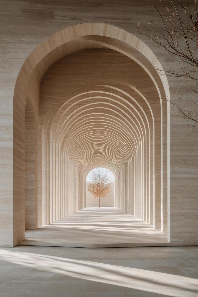 Elegant architectural passage featuring arches and a solitary tree during daylight photo