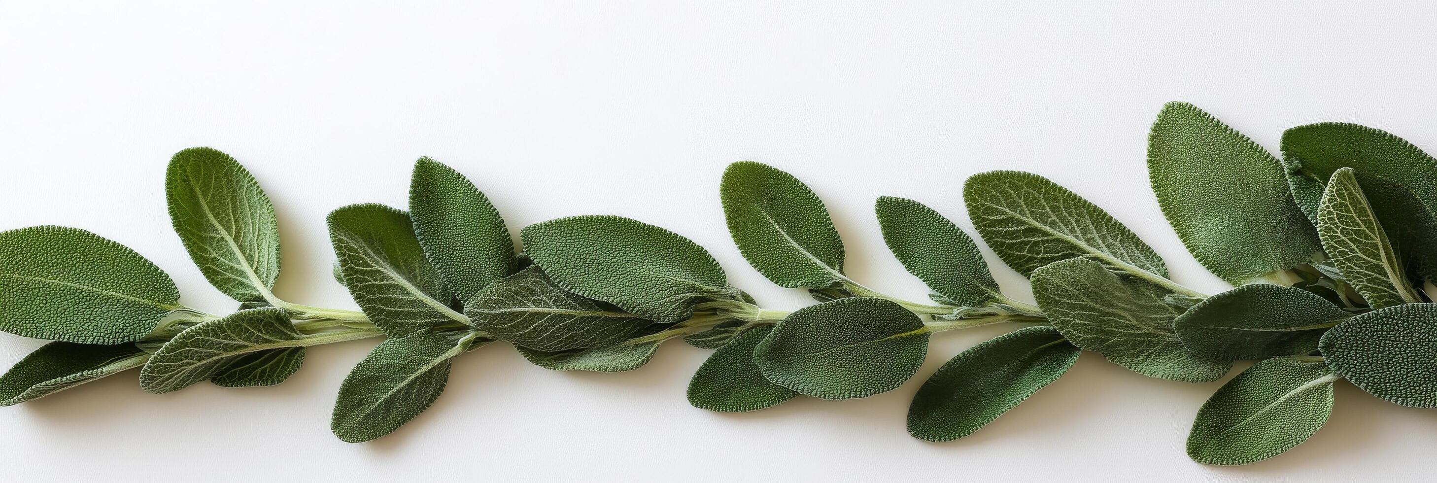 Fresh green sage leaves arranged neatly on a white surface for culinary use and decoration photo