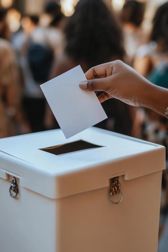 A person casting a ballot into a white voting box during a public election in a busy venue photo
