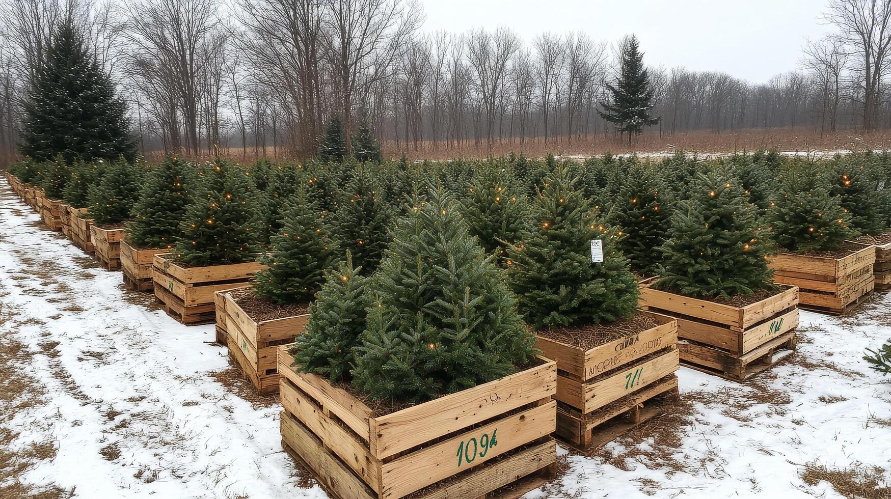 Winter tree farm with neatly arranged evergreen trees in wooden crates during the snowy season photo