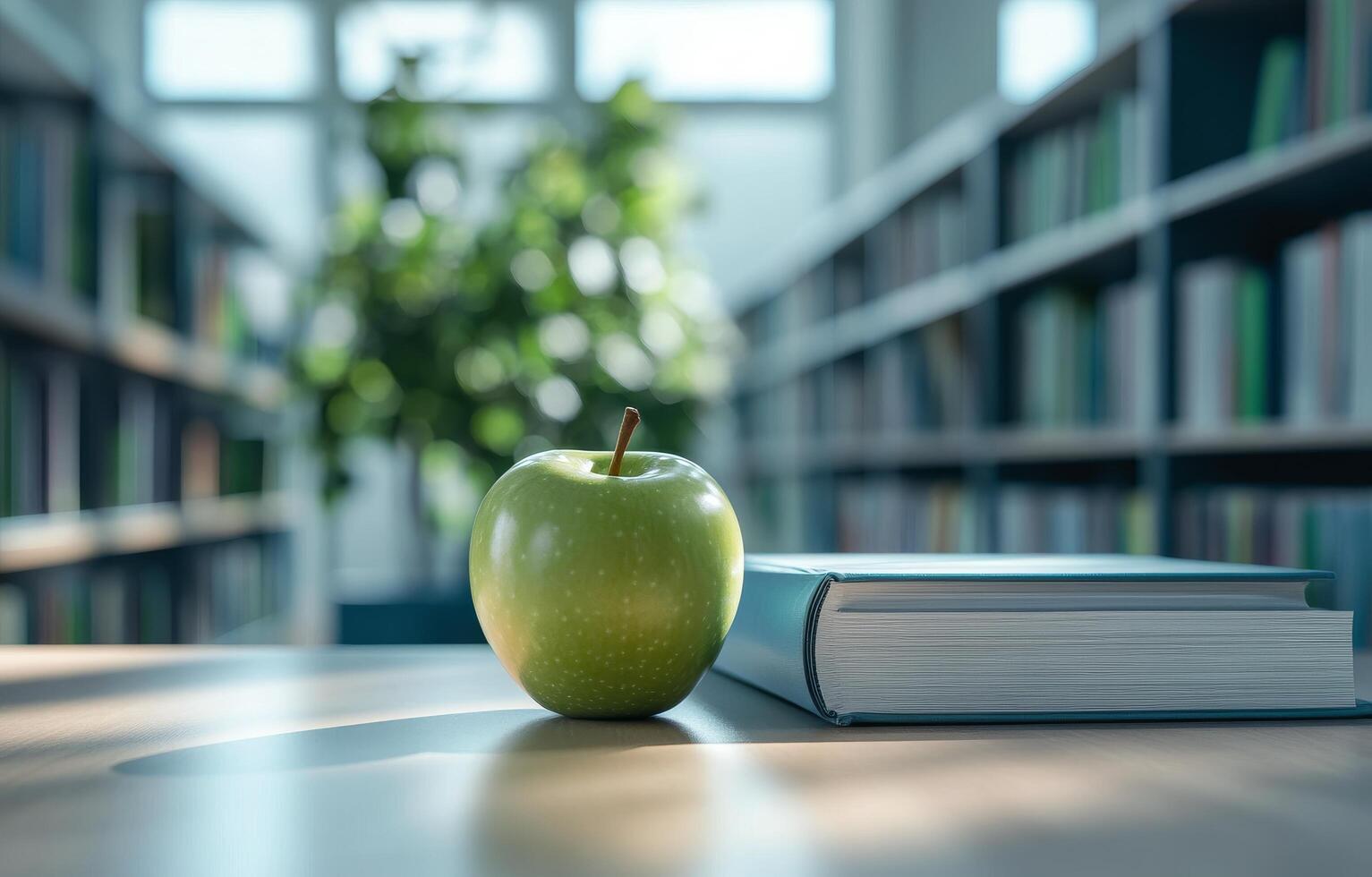 A red apple resting on a closed book in a modern library setting during daytime photo