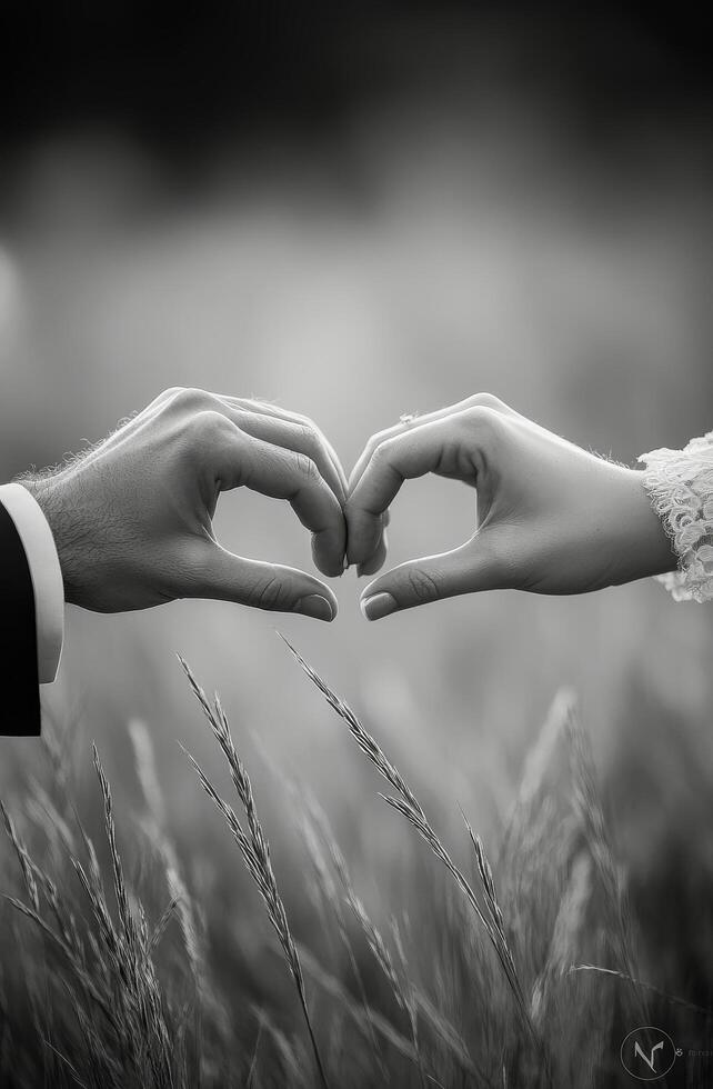 Couples hands forming a heart shape against a serene background during a romantic moment photo