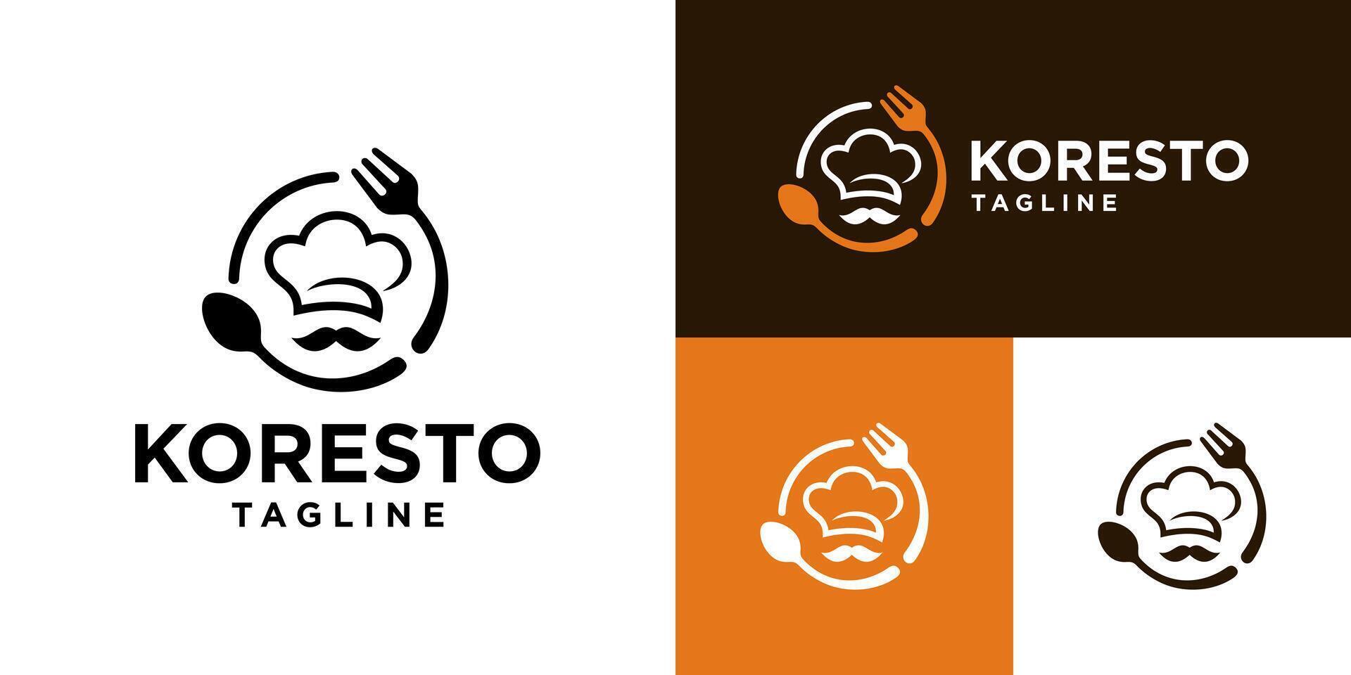Design template of restaurant logo. Chef hat, spoon, fork, menu, dishes. Icon symbol EPS 10 vector