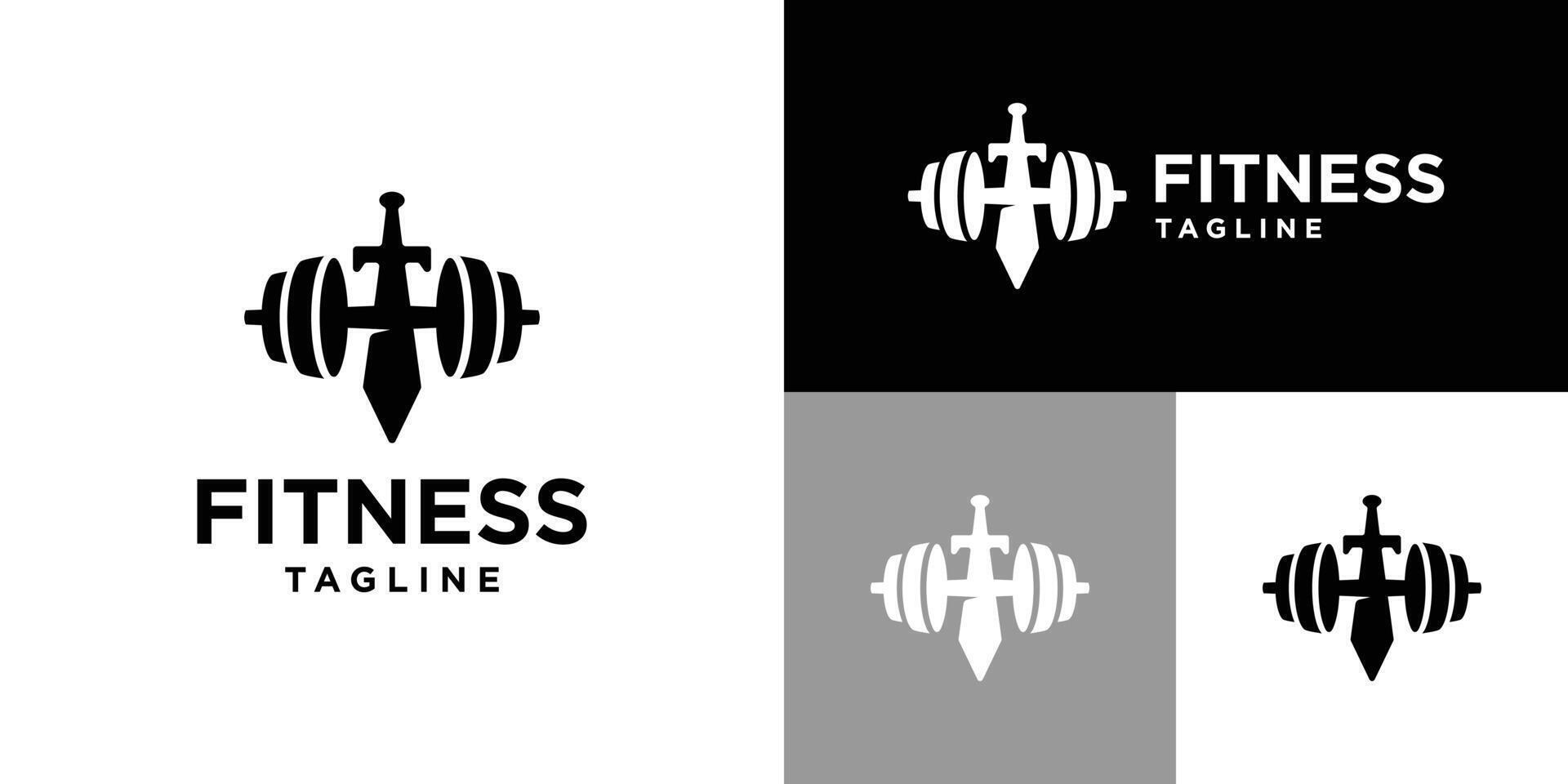 Design template of barbell logo combination with sword. Sport, fitness, competition. Icon symbol EPS 10 vector