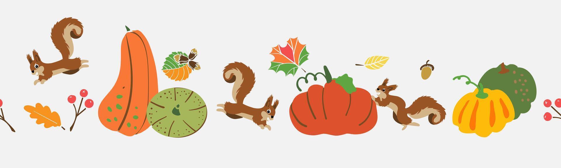 Dry oak leaves and acorns, pumpkins, cones and squirrel. Autumn seamless border pattern, autumn forest. vector