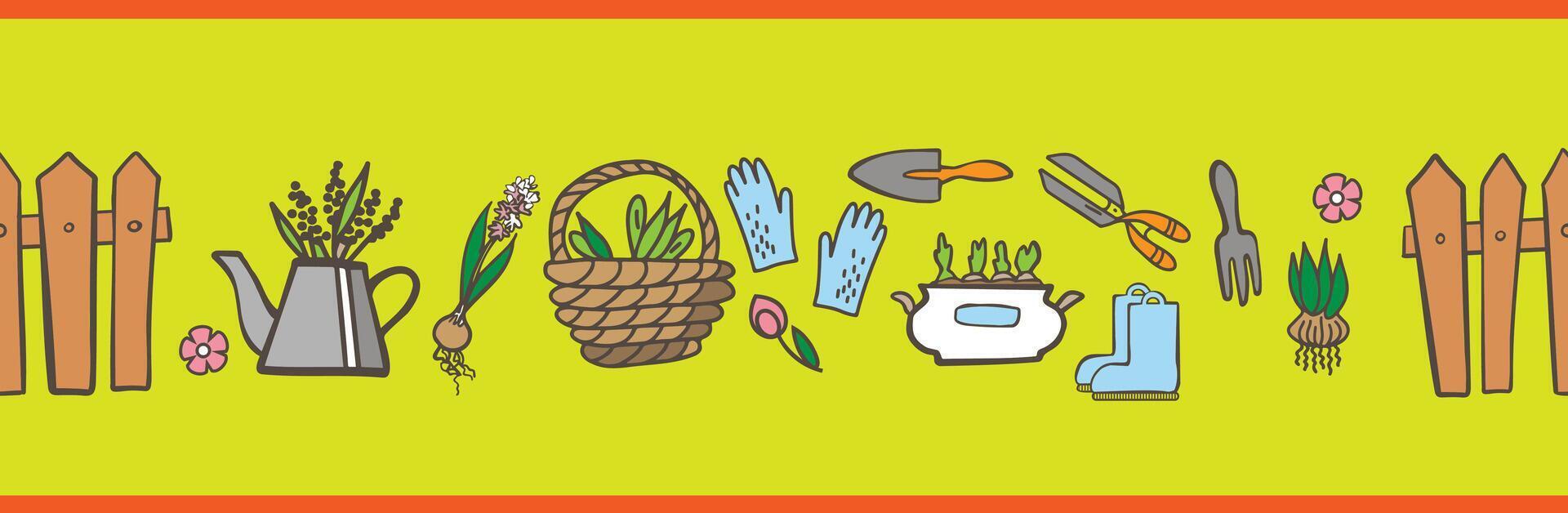 Gardening tools and flowers set in border pattern vector