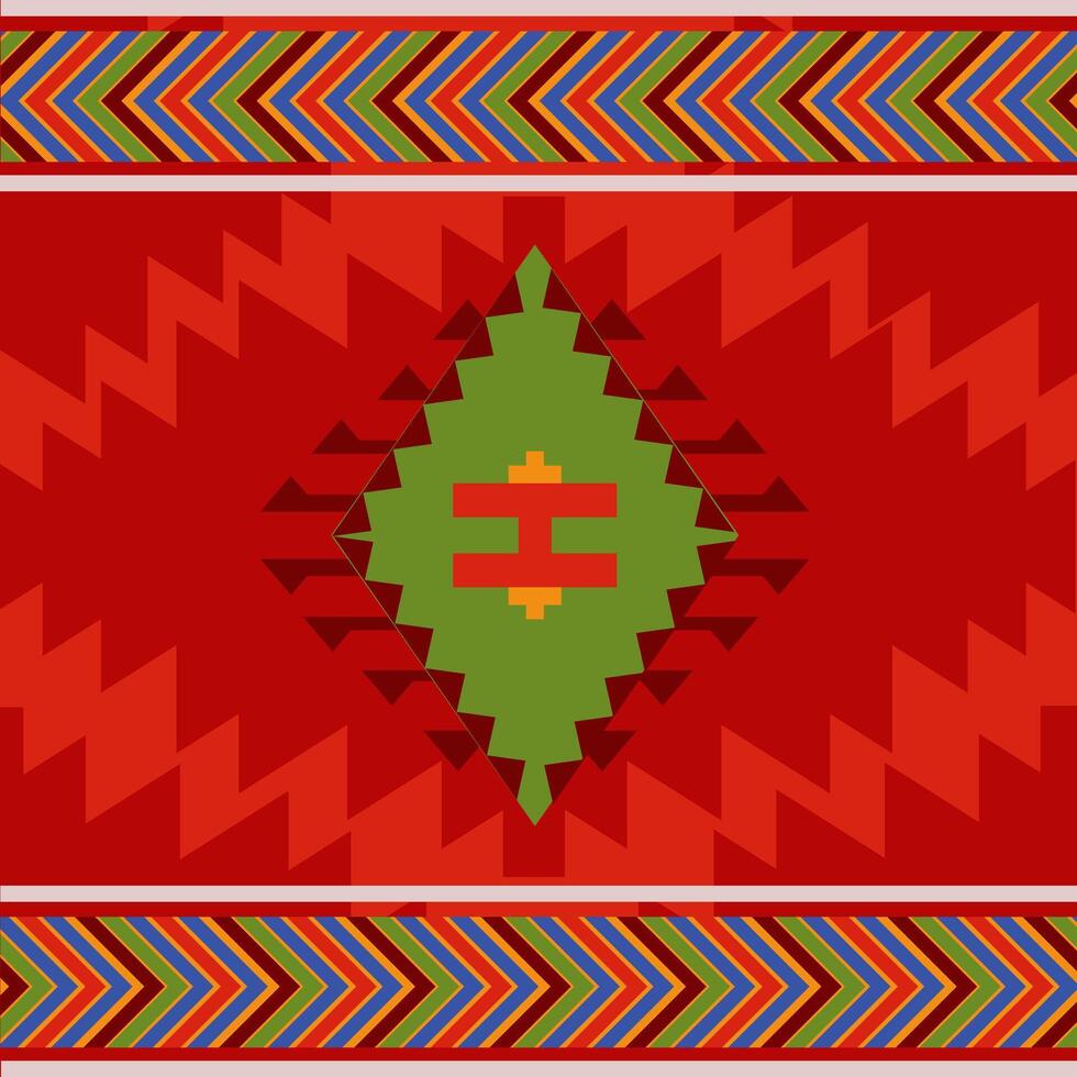 Bold Red Navajo Geometric Pattern with Green Diamond and Zigzag Borders vector