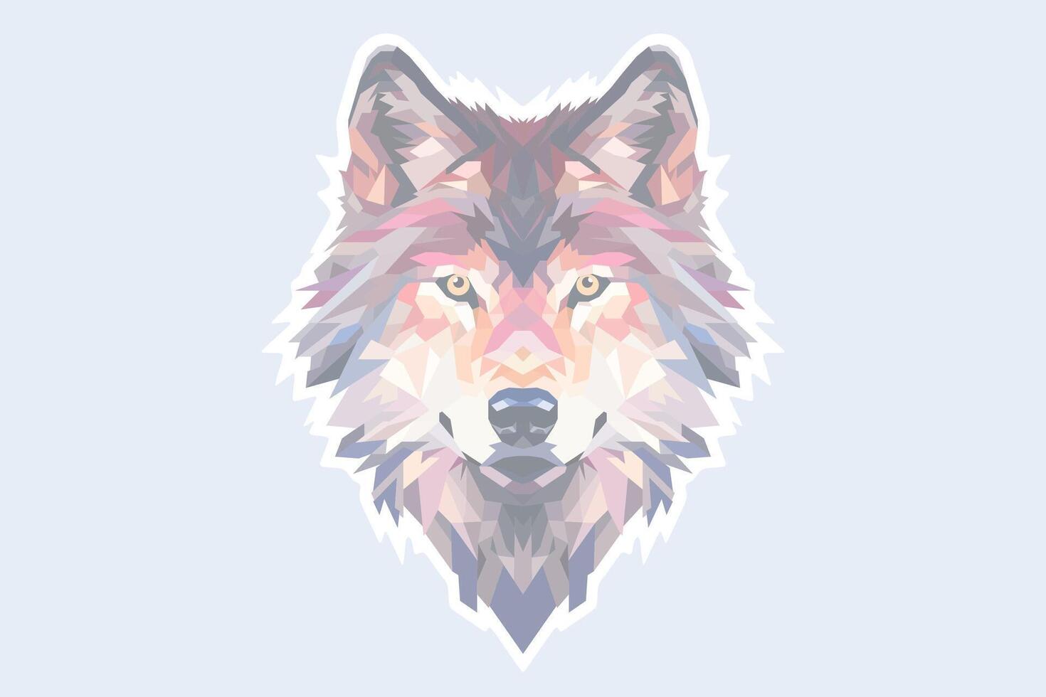 Geometric polygonal illustration of a wolf's head, featuring sharp angles and a blend of pastel hues. The design highlights the wolf's piercing gaze and symmetrical structure on a light background. vector