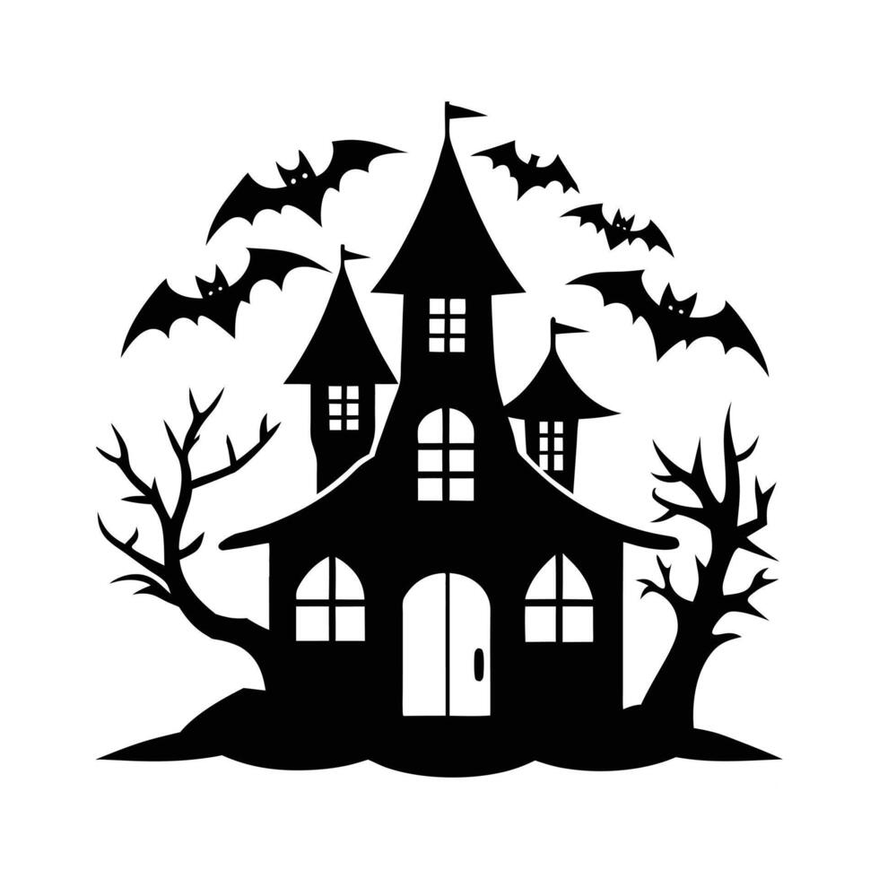 Halloween hunter house silhouette with bats on whit background. vector