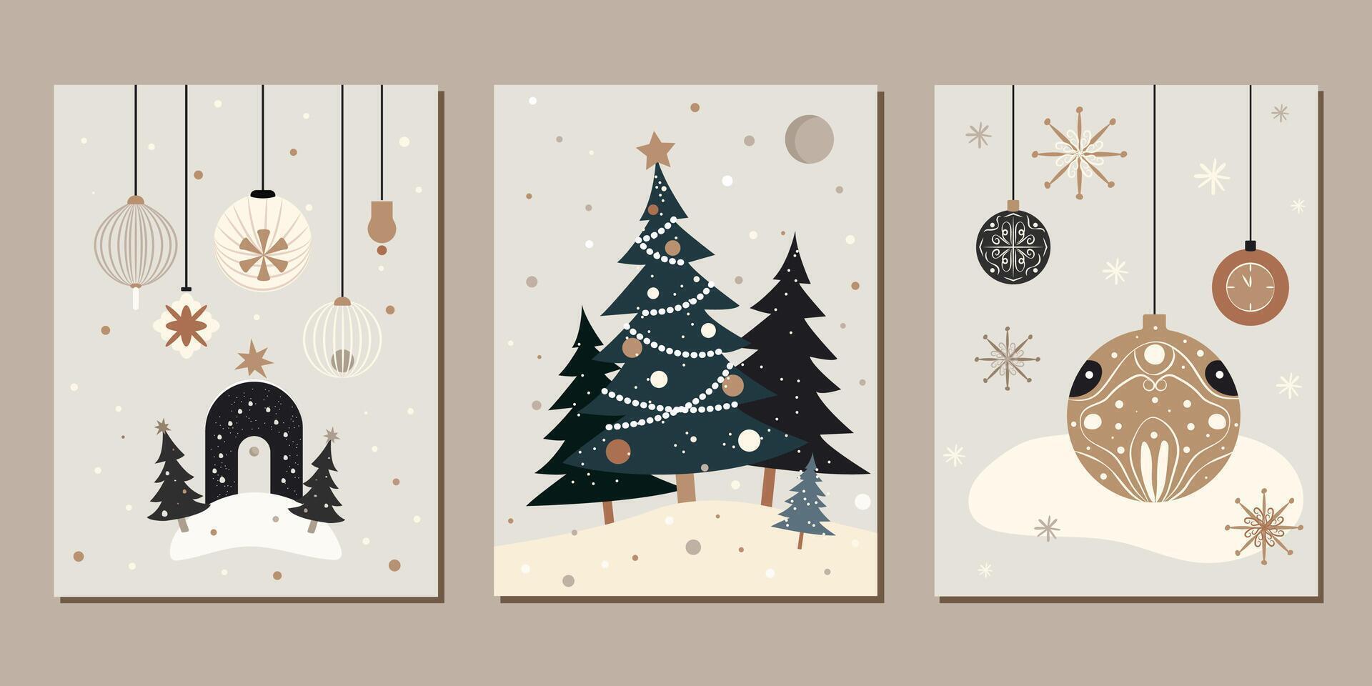 vintage set of christmas cards in minimalistic flat style. graphic art of group xmas cards with greetings vector