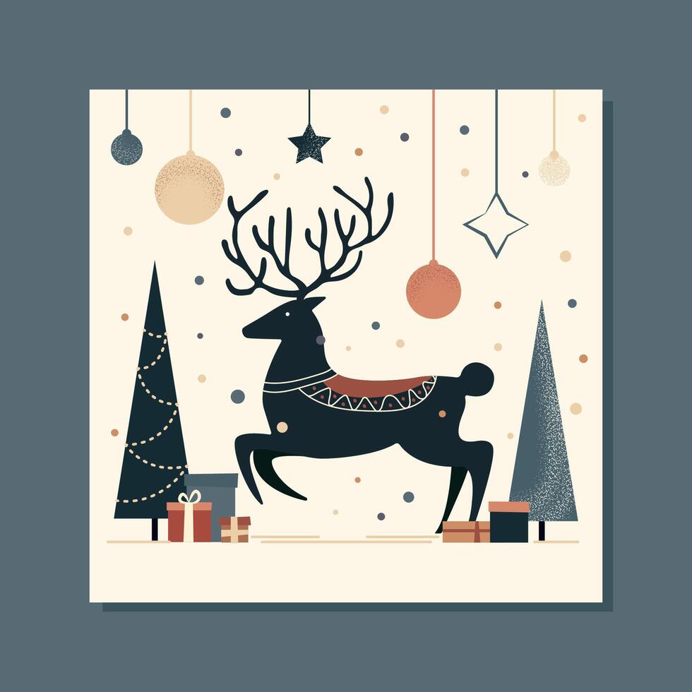 retro flat card with deer and presents, christmas tree toys.vintage graphic art for xmas greetings vector