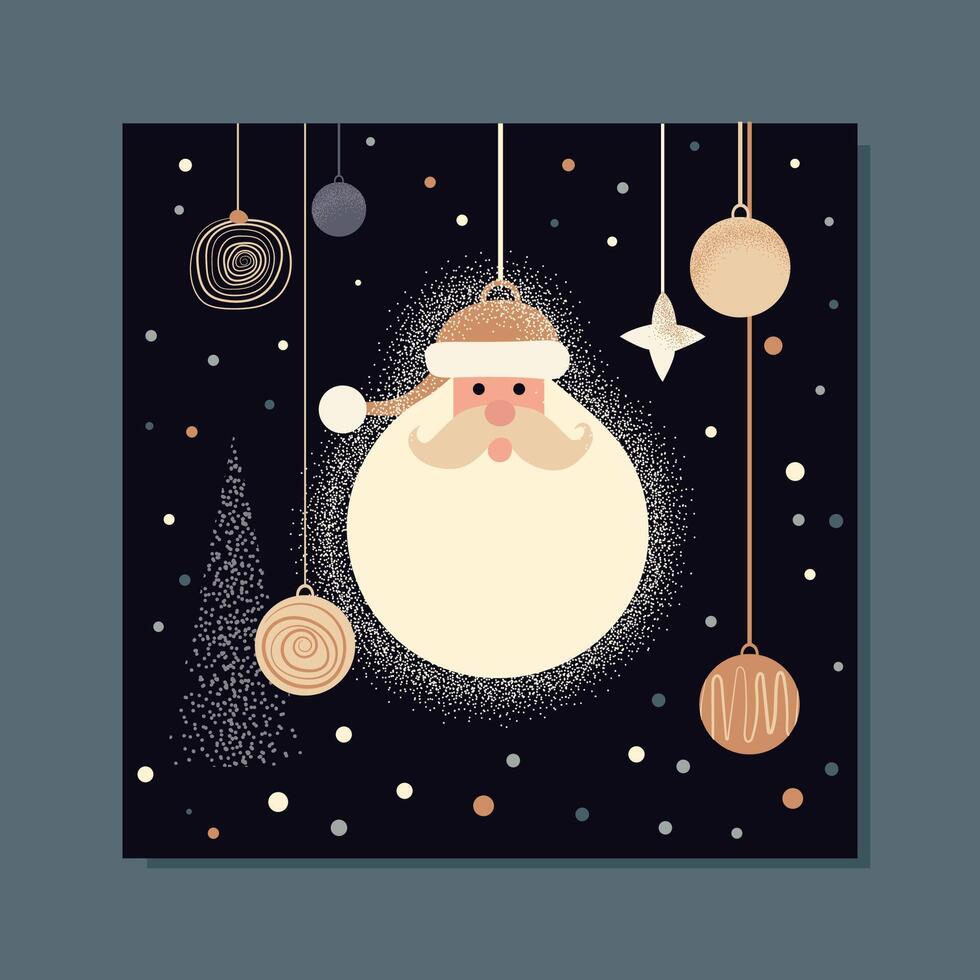 dark retro flat card with santa and other christmas tree toys . vintage graphic art for xmas greetings vector